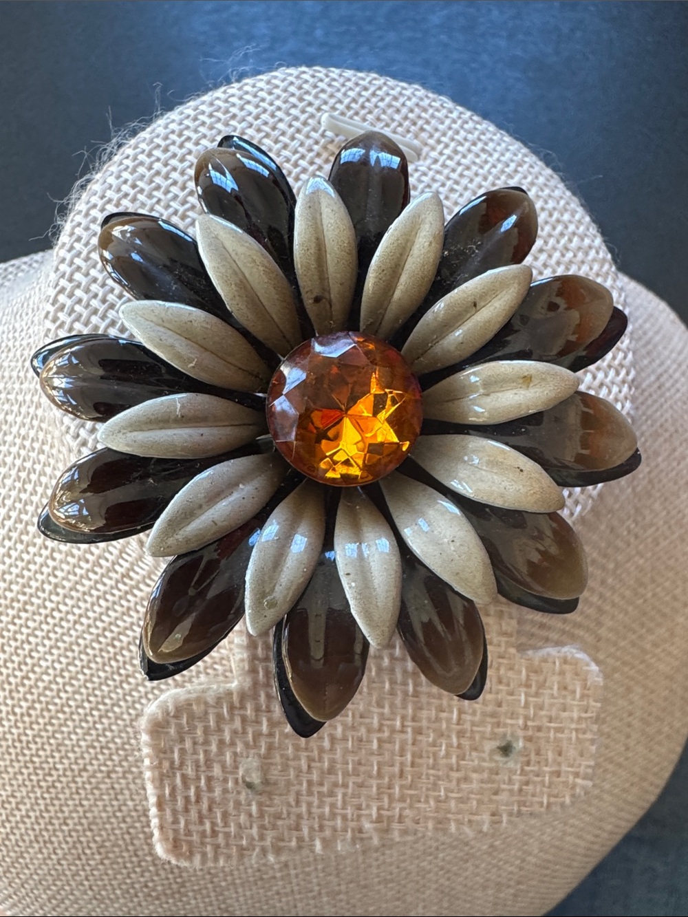 VTG 1960s Enamel Daisy Flower Brooch Flower Power Earth Tone Mocha Beige